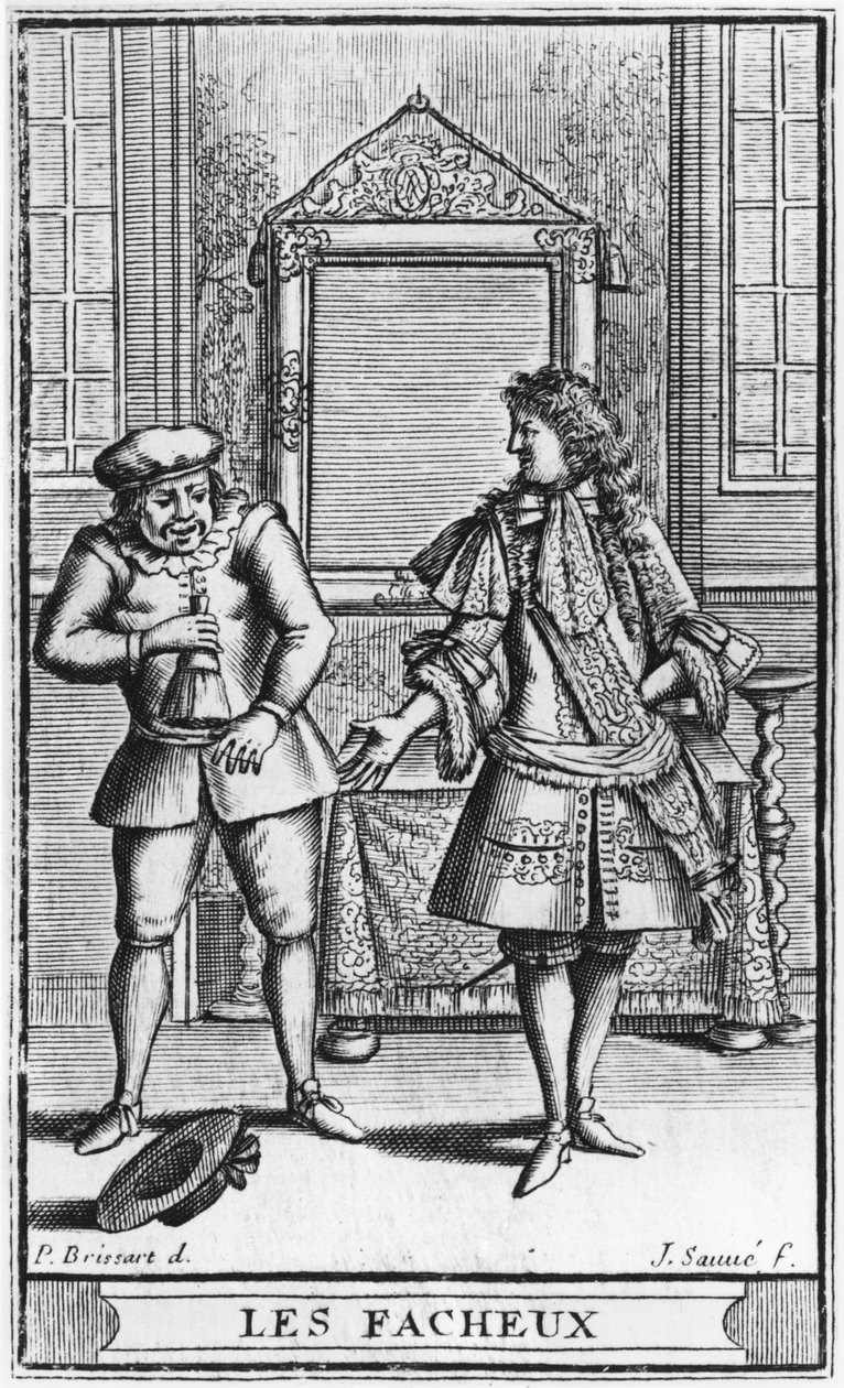 Etukappaleen kuvitus Molieren teoksesta "Les Facheux", kaiverrus Jean Sauve (fl.1660-91) n. 1661 tekijältä Pierre Brissart