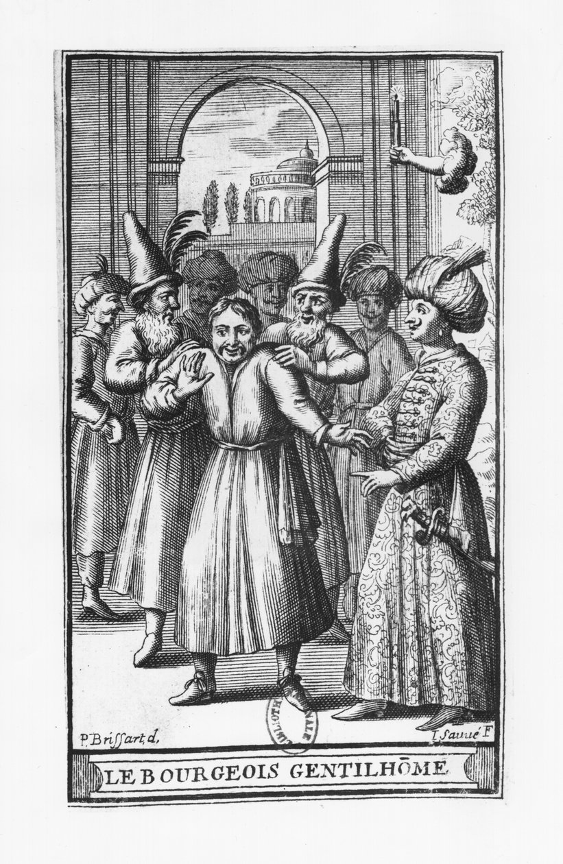 Kuvitus Molieren (1622-73) teoksesta "Le Bourgeois Gentilhomme", kaiverrus Jean Sauve (fl.1660-91) tekijältä Pierre Brissart