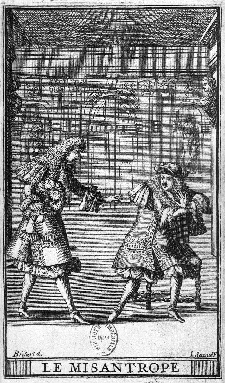 Kohtaus Molieren (1622-73) "Le Misanthrope" -teoksesta, kaiverrus Jean Sauve (fl.1660-91) tekijältä Pierre Brissart
