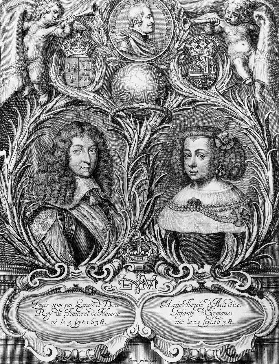 Louis XIV (1638-1715), Ranskan kuningas ja Marie-Therese (1638-83), Itävallan, kaiverrus Pieter II de Jode (1606-s.1674), 1660 tekijältä Pierre Cocus