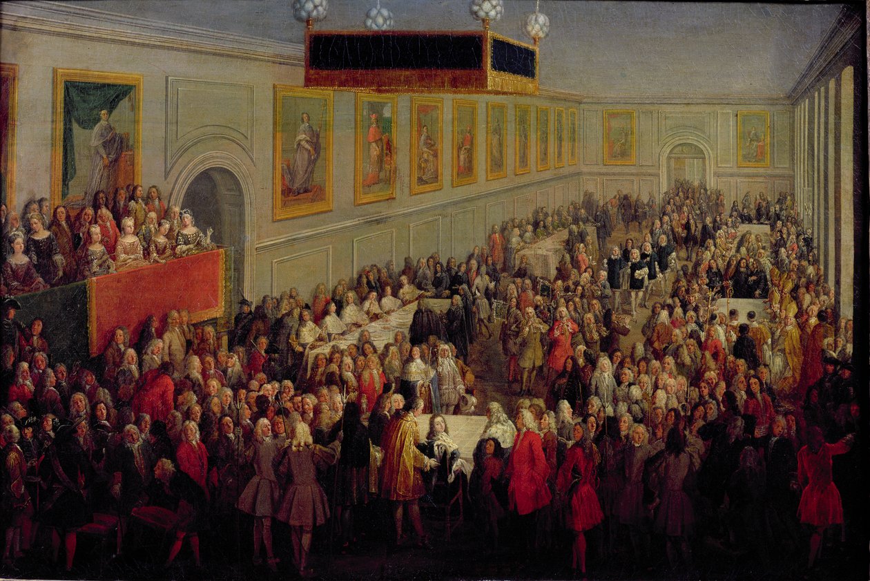 Juhla Ludvig XV:n (1710-74) kruunaamisen jälkeen Palais Archiepiscopalissa Rheimsissa, 25. lokakuuta 1722, 1722 tekijältä Pierre Denis Martin