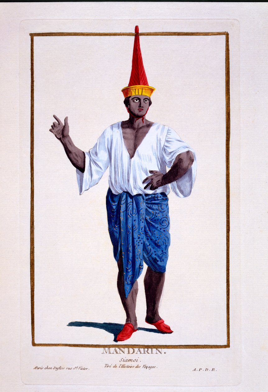 ASiam Mandarin, or Notable, kirjasta "Recueil des Estampes, Representant les Rangs et des Dignités, The Costume of All Existing Nations", julkaistu 1780 (käsinvärinen kaiverrus) tekijältä Pierre Duflos