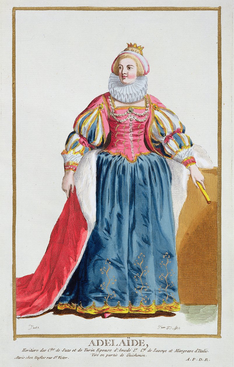 Adelaide, kirjasta "Recueil des Estampes, joka edustaa arvoja ja arvoja, kaikkien olemassa olevien kansakuntien puvun mukaan", julkaistu 1780 (käsinvärinen kaiverrus) tekijältä Pierre Duflos