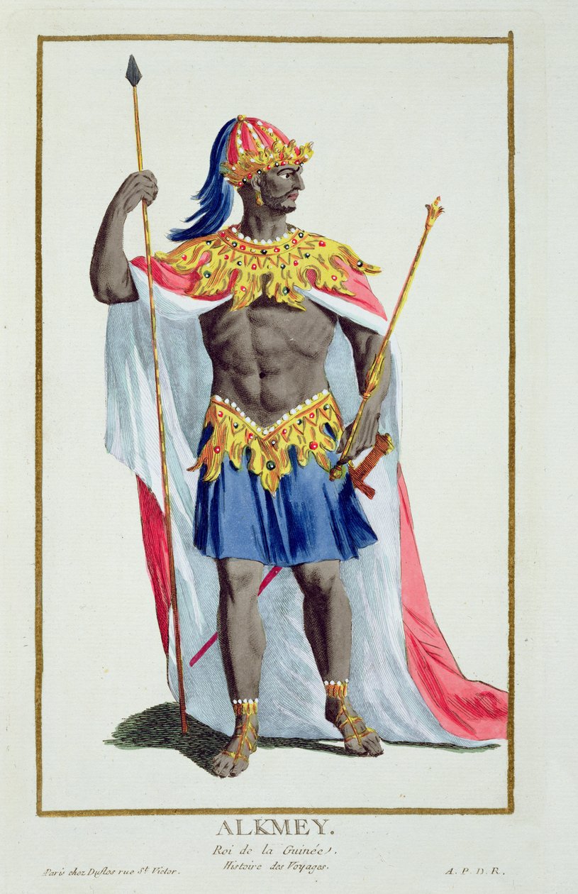 Alkemy, Guinean kuningas kirjasta "Recueil des Estampes, Representant les Rangs et les Dignites, kaikkien olemassa olevien kansakuntien puvun mukaan", julkaistu 1780 (käsinvärinen kaiverrus) tekijältä Pierre Duflos