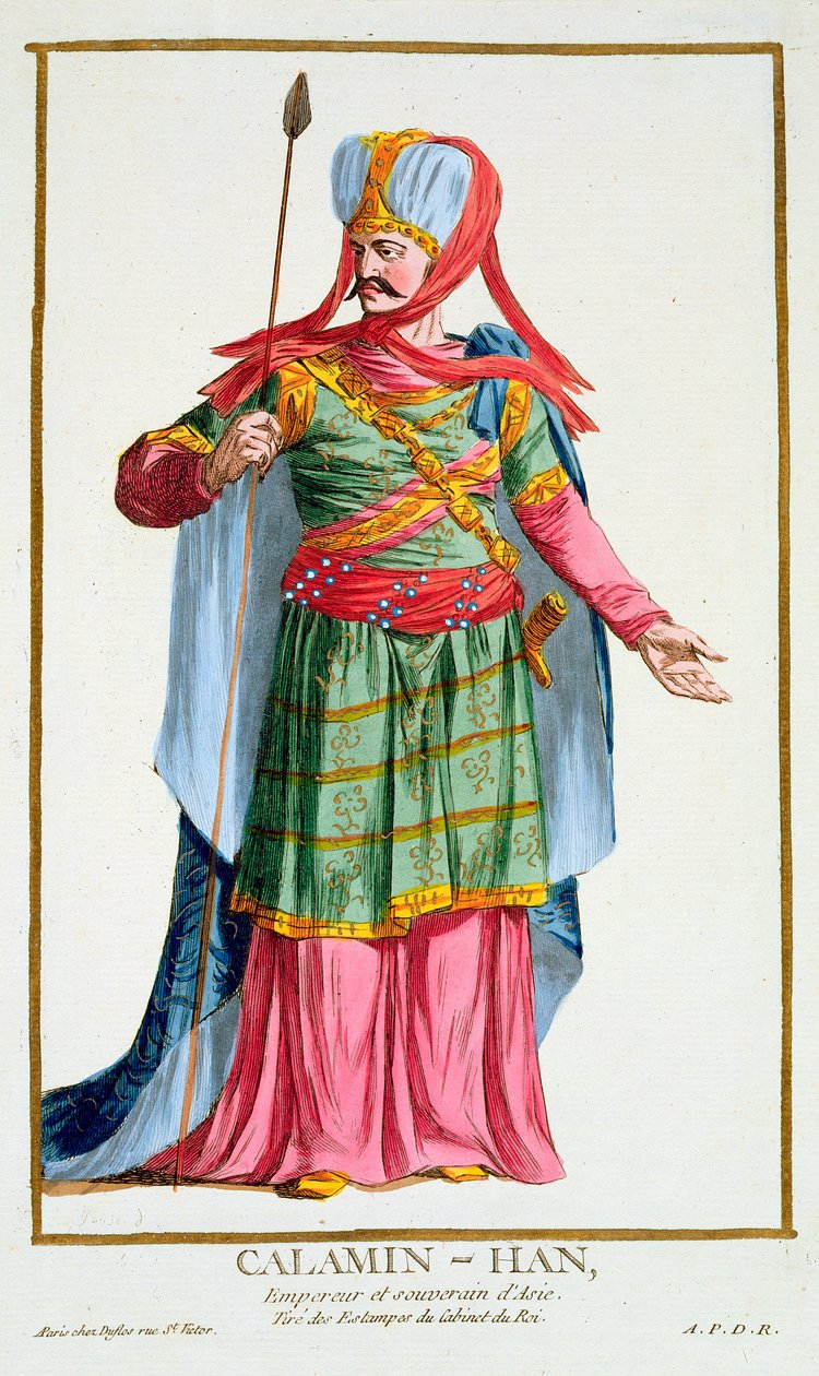 Calamin-Han, Aasian keisari ja suvereeni teoksesta "Receuil des Estampes, Representant les Rangs et les Dignites, kaikkien olemassa olevien kansakuntien puvun mukaan", julkaistu 1780 (käsinvärinen engra tekijältä Pierre Duflos