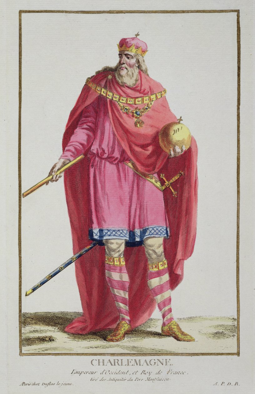 Charlemagne (742-814) kirjasta "Receuil des Estampes, joka edustaa arvoja ja arvoja, kaikkien olemassa olevien kansakuntien puvun mukaan", julkaistu 1780 (käsinvärinen kaiverrus) tekijältä Pierre Duflos