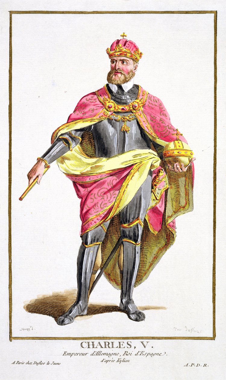 Charles V (1500-58) kirjasta "Receuil des Estampes, joka edustaa arvoja ja arvokkaita kaikkien olemassa olevien kansakuntien puvun mukaan", julkaistiin 1780 (käsinvärinen kaiverrus) tekijältä Pierre Duflos