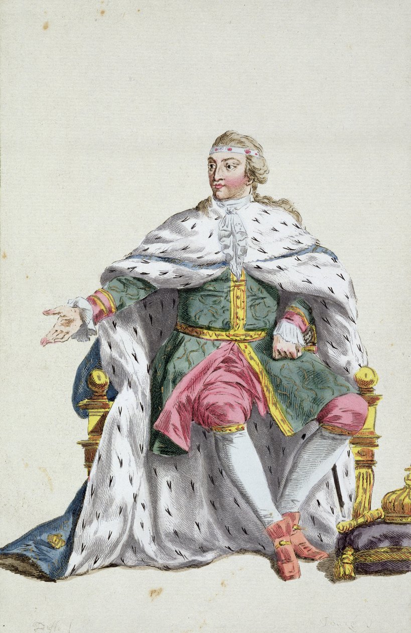 Kaarle XII (1682-1718) Ruotsin kuningas "Receuil des Estampesista, joka edustaa arvoja ja arvoja kaikkien olemassa olevien kansakuntien puvun mukaan", julkaistiin 1780 (käsinvärinen kaiverrus) tekijältä Pierre Duflos
