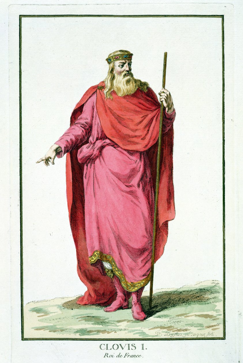 Clovis I (481-511) Salian frankkien kuningas kirjasta "Receuil des Estampes, Representant des Rangs et des Dignites, kaikkien olemassa olevien kansakuntien puvun mukaan", julkaistu 1780 (käsinvärinen eng) tekijältä Pierre Duflos