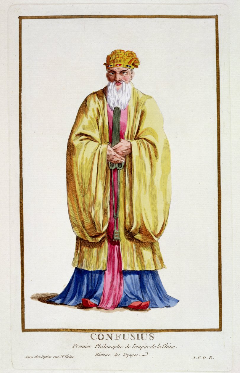 Konfutse (551-479 eKr.), kirjasta "Receuil des Estampes, joka edustaa arvoja ja arvoja, kaikkien olemassa olevien kansakuntien puvun mukaan", julkaistu 1780 (käsinvärinen kaiverrus) tekijältä Pierre Duflos