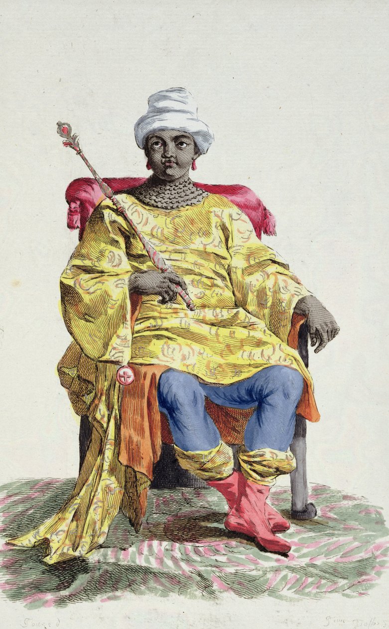 Don Alvaro, Kongon kuningas, kirjasta "Recueil des Estampes, joka edustaa rivejä ja arvokkaita kaikkien olemassa olevien kansakuntien puvun mukaan", julkaistiin 1780 (käsinvärinen kaiverrus) tekijältä Pierre Duflos