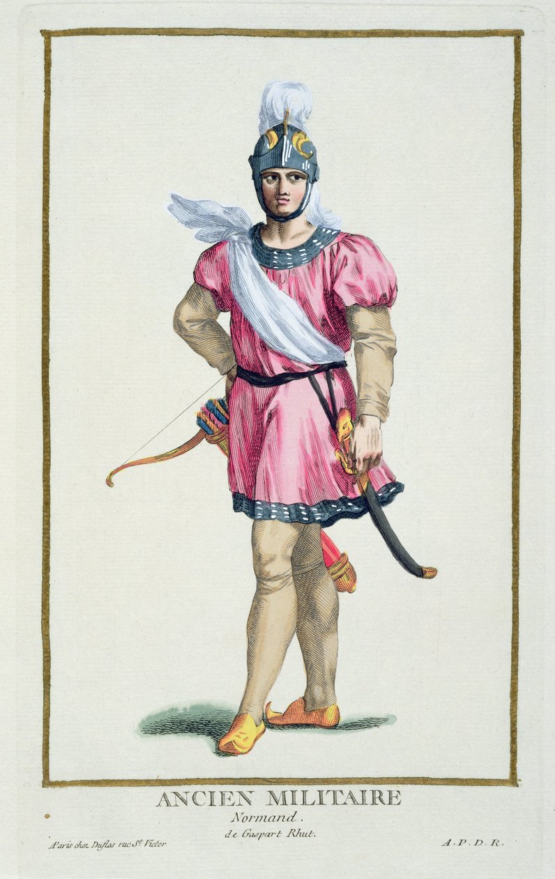 Normannisotilaan puku teoksesta "Receuil des Estampes, Representant les Rangs et les Dignites, suivant le Costume de toutes les Nations existantes", julkaistu 1780 (käsin väritetty kaiverrus). tekijältä Pierre Duflos