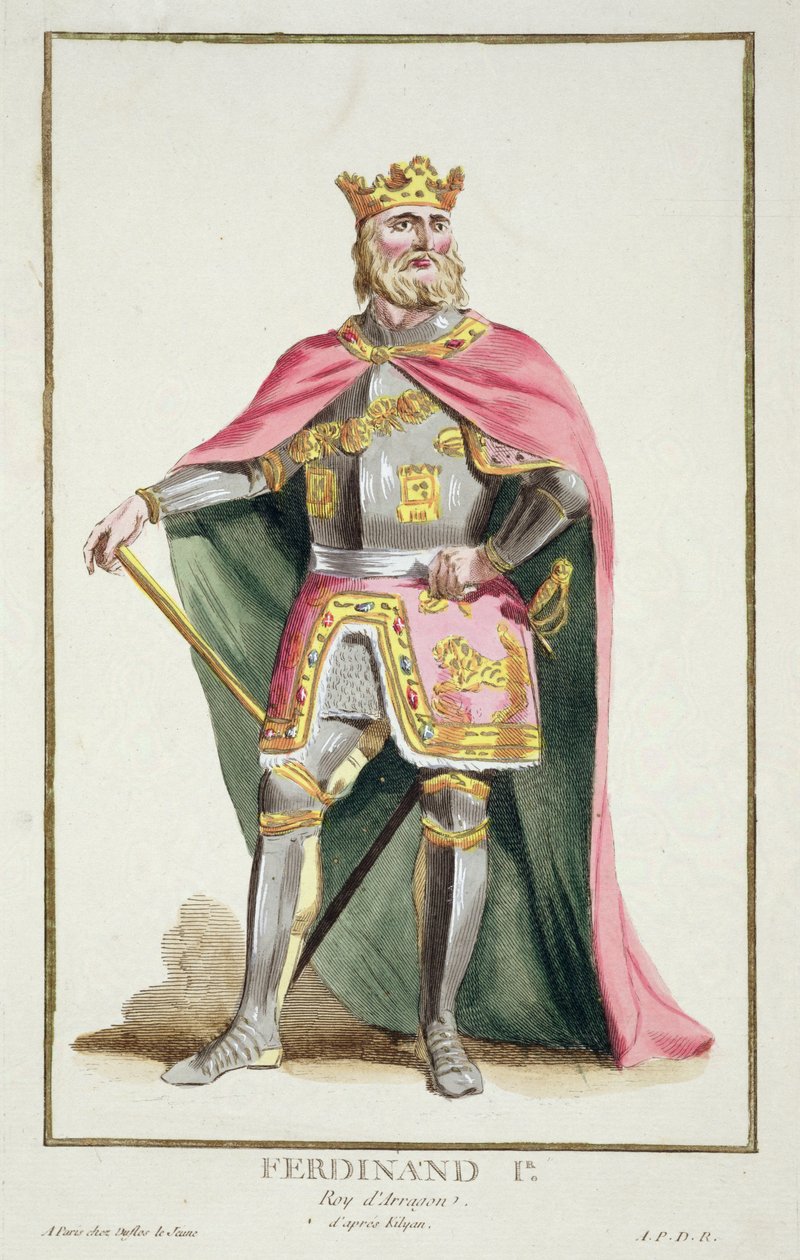 Ferdinand I (1379-1416) Aragonian kuningas julkaisusta "Receuil des Estampes, Representant des Rangs et des Dignites, kaikkien olemassa olevien kansakuntien puvun mukaan", julkaistu 1780 (käsinvärinen kaiverrus) tekijältä Pierre Duflos