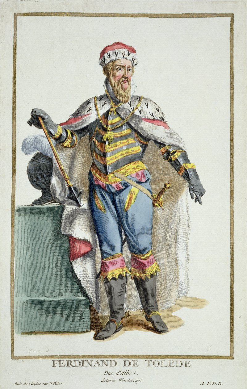 Ferdinand Toledo (1507-82) Alvan herttua teoksesta "Receuil des Estampes, Representant des Rangs et des Dignites, kaikkien olemassa olevien kansakuntien puvun mukaan", julkaistu 1780 (käsinvärinen engra) tekijältä Pierre Duflos