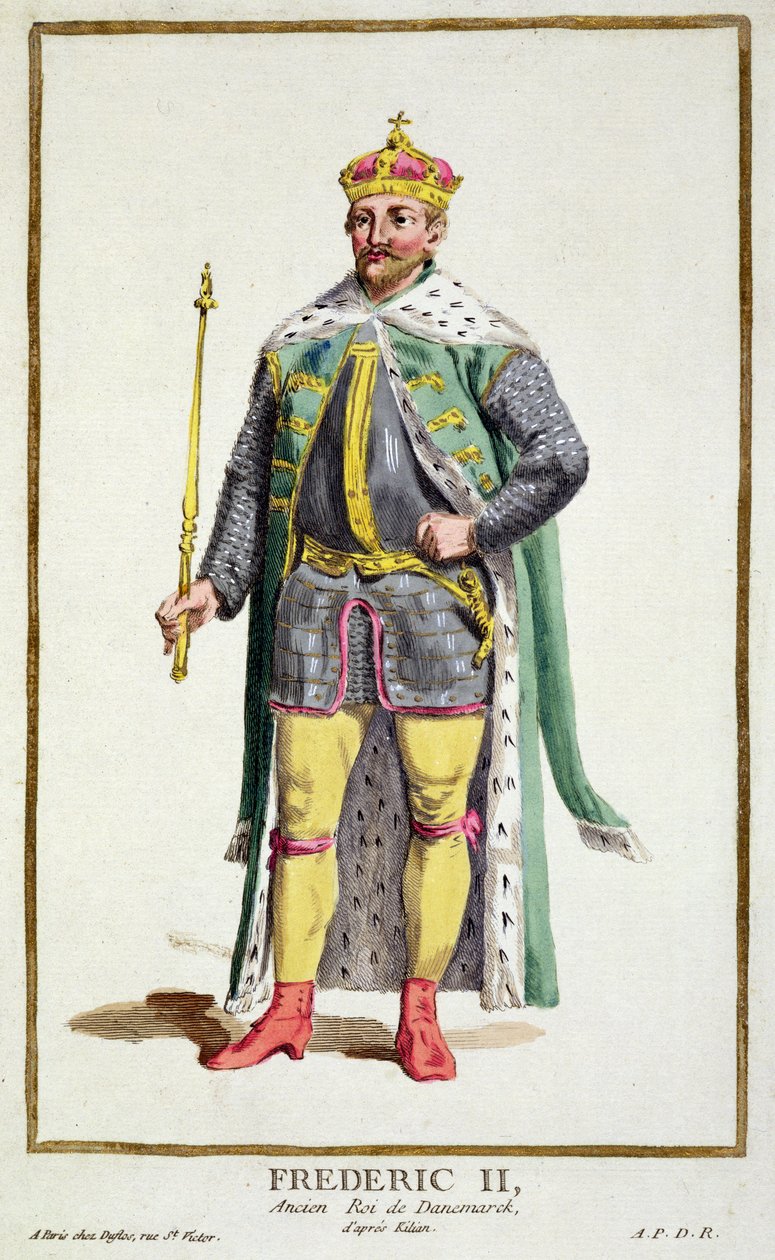 Frederick II (1534-88) Tanskan kuningas kirjasta "Receuil des Estampes, joka edustaa arvoja ja arvoja, kaikkien olemassa olevien kansakuntien puvun mukaan", julkaistiin 1780 (käsinvärinen kaiverrus). tekijältä Pierre Duflos