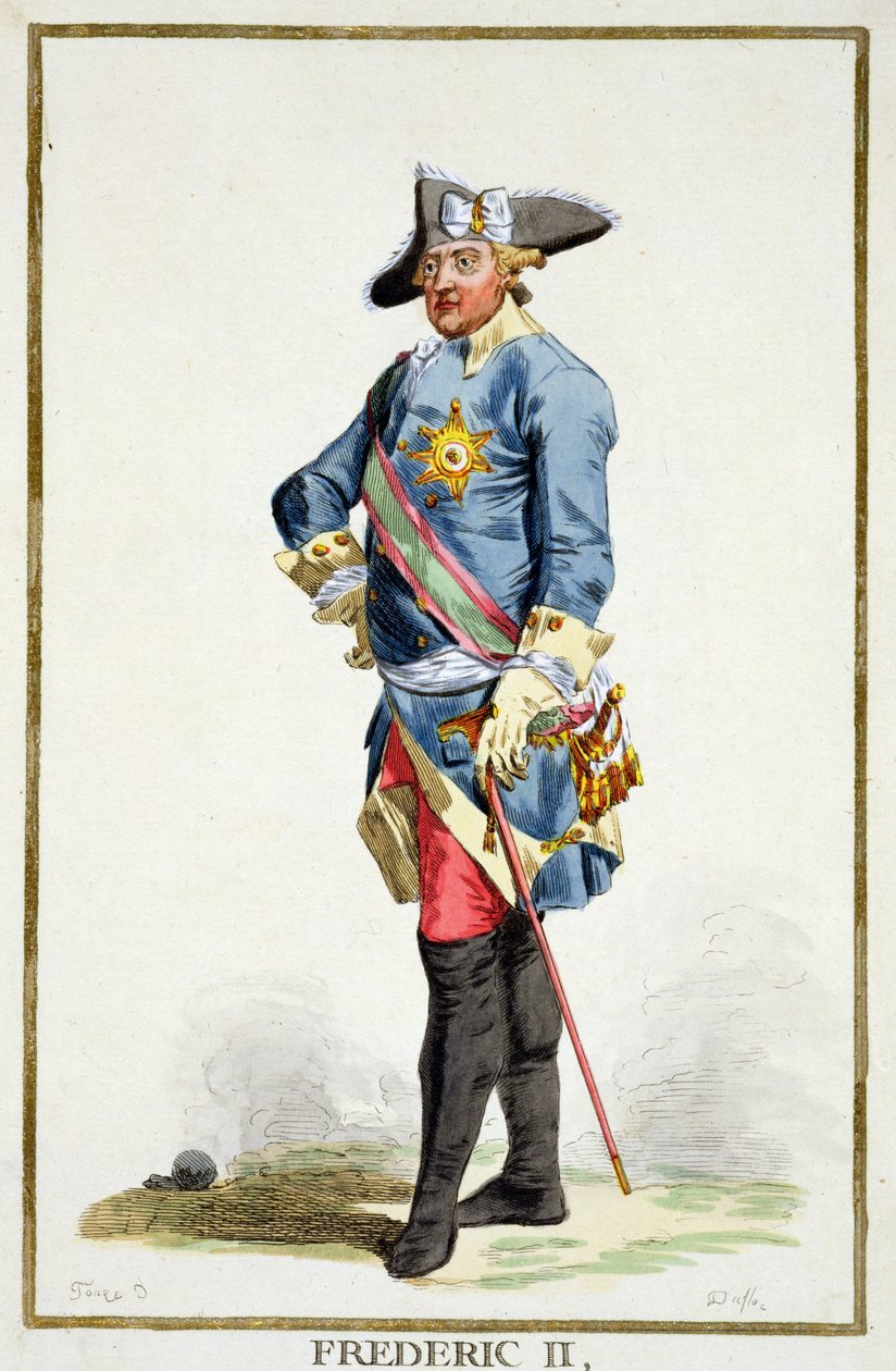 Fredrik II Suuri (1712-86) Preussin kuningas (1740-86) kuvasta "Receuil des Estampes, representant les Rangs et les Dignites, suivant le Costume de toutes les Nations existantes", julkaistu 1780 (h tekijältä Pierre Duflos