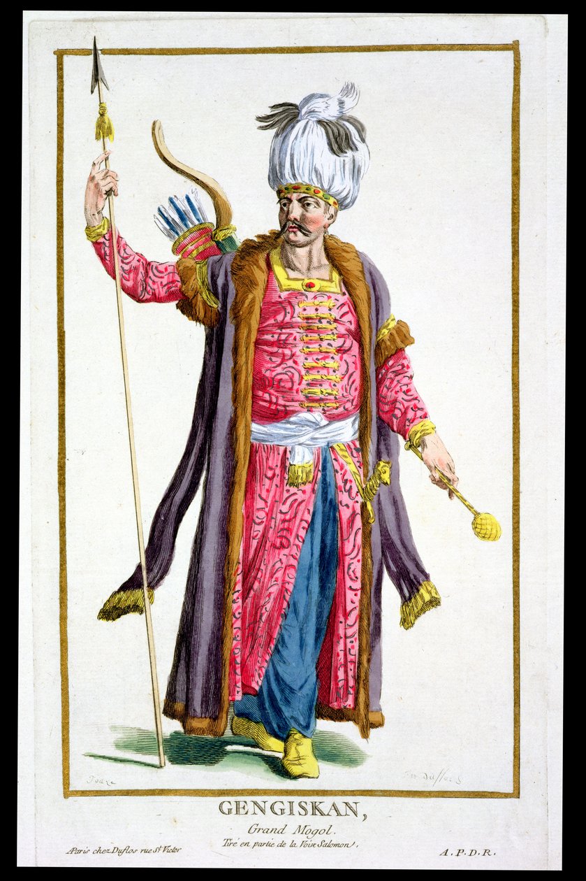 Tšingis-kaani (n. 1162-1227) kirjasta "Receuil des Estampes, joka edustaa arvoja ja arvoja, kaikkien olemassa olevien kansakuntien puvun mukaan", julkaistu 1780 (käsinvärinen kaiverrus) tekijältä Pierre Duflos