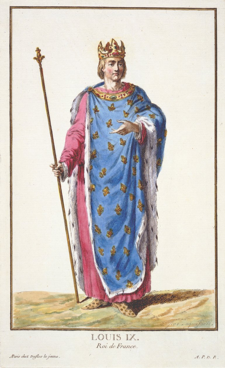 Ludvig IX (1214-70) Ranskan kuningas kirjasta "Receuil des Estampes, edustaja les Rangs et les Dignites, kaikkien olemassa olevien kansakuntien puvun mukaan", julkaistu 1780 (käsinvärinen kaiverrus) tekijältä Pierre Duflos