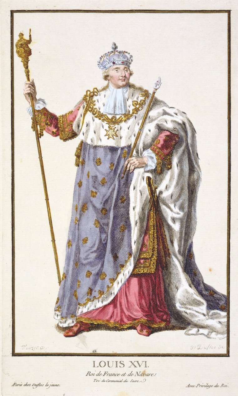 Ludvig XVI (1754-93) Ranskan kuningas (1774-92) kirjasta "Receuil des Estampes, representant les Rangs et des Dignites, kaikkien olemassa olevien kansakuntien puvun mukaan", julkaistu 1780 (käsinvärinen eng) tekijältä Pierre Duflos