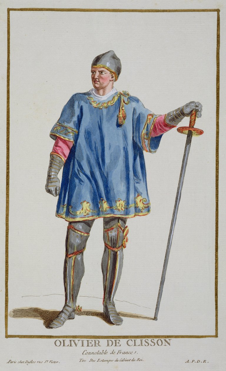 Olivier de Clisson (1332-1407) Ranskan konstaapeli "Receuil des Estampes, Representant les Rangs et les Dignites, kaikkien olemassa olevien kansakuntien puvun mukaan", julkaistu 1780 (käsinvärinen) tekijältä Pierre Duflos