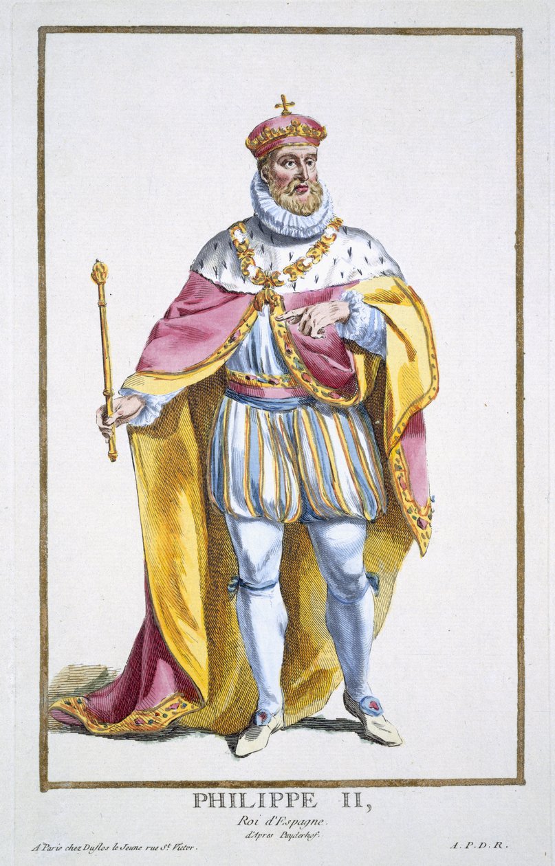 Philip II (1527-98) Espanjan kuningas kirjasta "Receuil des Estampes, joka edustaa arvoja ja arvokkaita kaikkien olemassa olevien kansakuntien puvun mukaan", julkaistiin 1780 (käsinvärinen kaiverrus) tekijältä Pierre Duflos