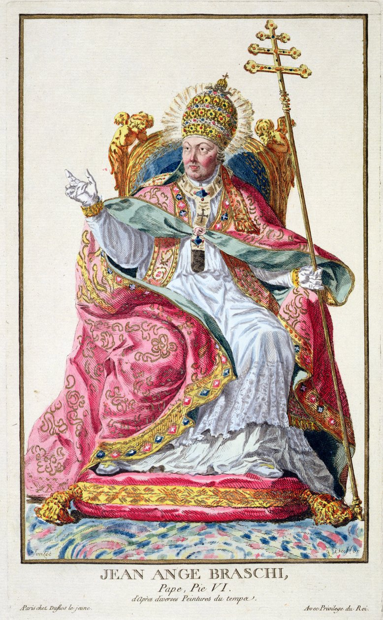 Paavi Pius VI (1717-1799) kirjasta "Receuil des Estampes, joka edustaa arvoja ja arvoja, kaikkien olemassa olevien kansakuntien puvun mukaan", julkaistiin 1780 (käsinvärinen kaiverrus) tekijältä Pierre Duflos