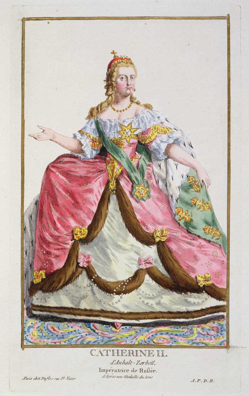 Muotokuva Venäjän keisarinna Katariina II:sta "Suur" (1729-96), kokoelmasta levyjä, jotka kuvaavat maailman erilaisia asuja, 1780 (käsinvärinen kuparikaiverrus kullattu) tekijältä Pierre Duflos