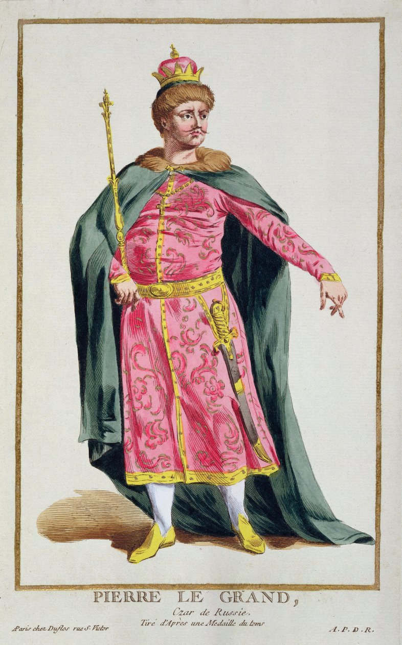 Pietari I, Suuren, Venäjän tsaarin (1672-1725) muotokuva kokoelmasta maailman erilaisia asuja kuvaavia levyjä, 1780 (käsinvärinen kuparikaiverrus kullattu) tekijältä Pierre Duflos