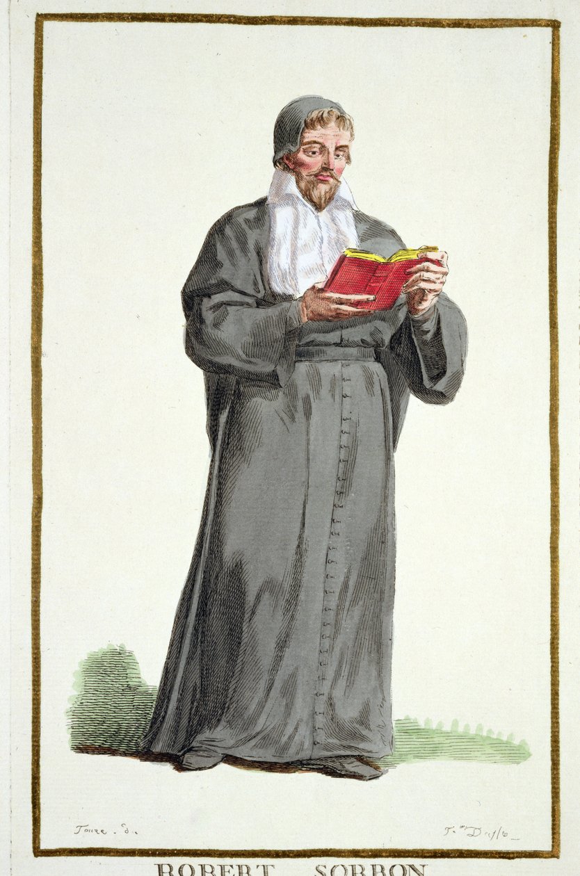 Robert de Sorbon (1201-94) kirjasta "Receuil des Estampes, joka edustaa arvoja ja arvokkaita kaikkien olemassa olevien kansakuntien puvun mukaan", julkaistiin 1780 (käsinvärinen kaiverrus) tekijältä Pierre Duflos