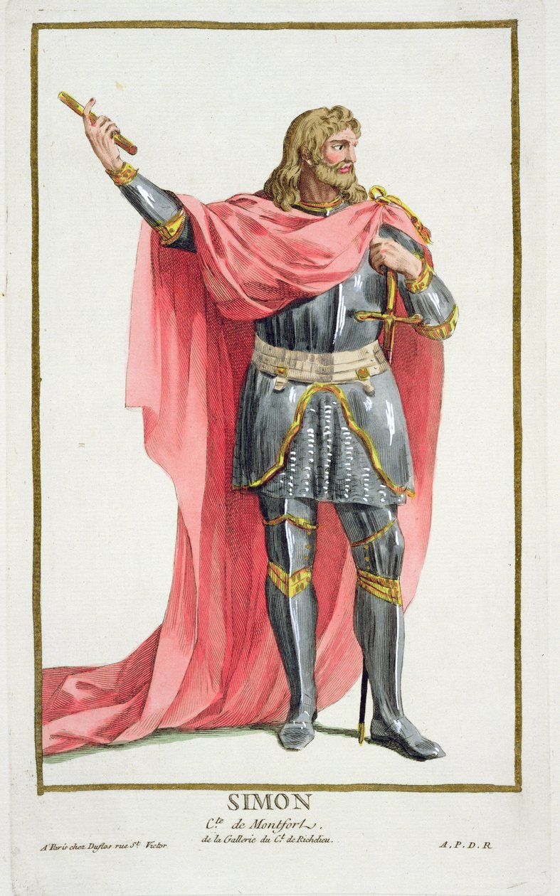 Simon de Montfort (n. 1165-1218) teoksesta "Receuil des Estampes, joka edustaa arvoja ja arvokkaita kaikkien olemassa olevien kansakuntien puvun mukaan", julkaistiin 1780 (käsinvärinen kaiverrus) tekijältä Pierre Duflos