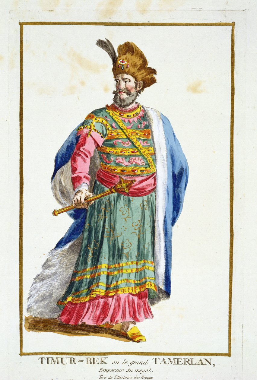 Tamburlaine (1336-1405) teoksesta "Receuil des Estampes, joka edustaa arvoja ja arvokkaita kaikkien olemassa olevien kansakuntien puvun mukaan", julkaistiin 1780 (käsinvärinen kaiverrus) tekijältä Pierre Duflos