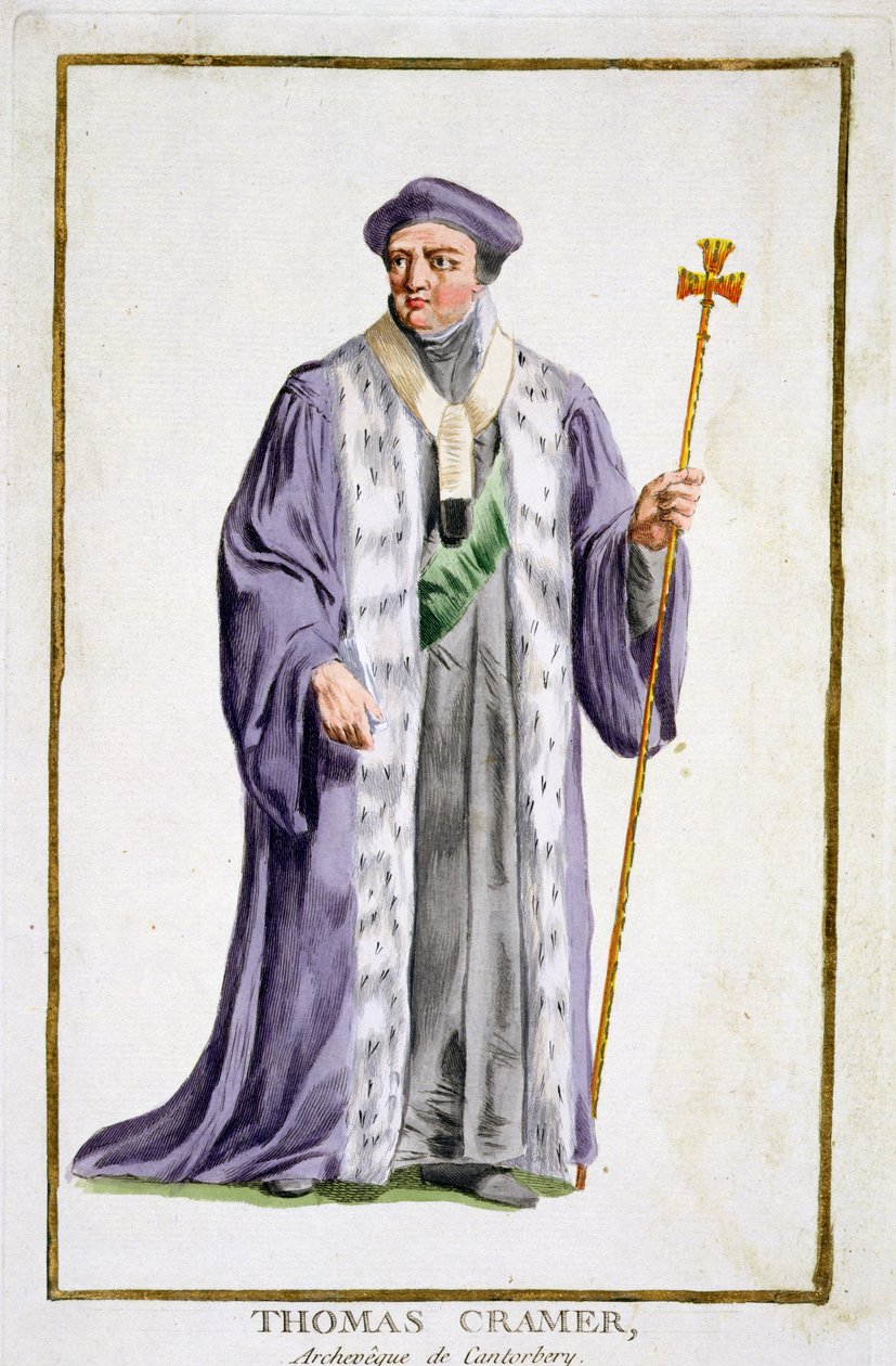 Thomas Cranmer (1489-1556) Canterburyn arkkipiispa (1533-56), julkaisusta "Receuil des Estampes, representant les Rangs et les Dignites, suivant le Costume de toutes les Nations existantes", julkaistu 1780 ( tekijältä Pierre Duflos