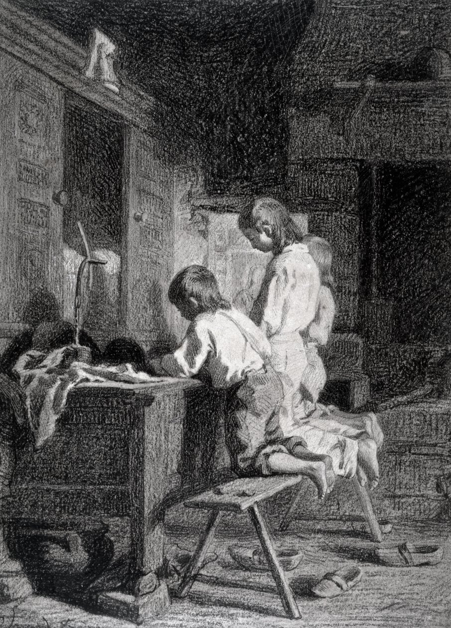Sisustus, jossa Three Boys Kneeling (musta värikynä ruskean musteen päällä, pesu paperille) tekijältä Pierre Edouard Frere