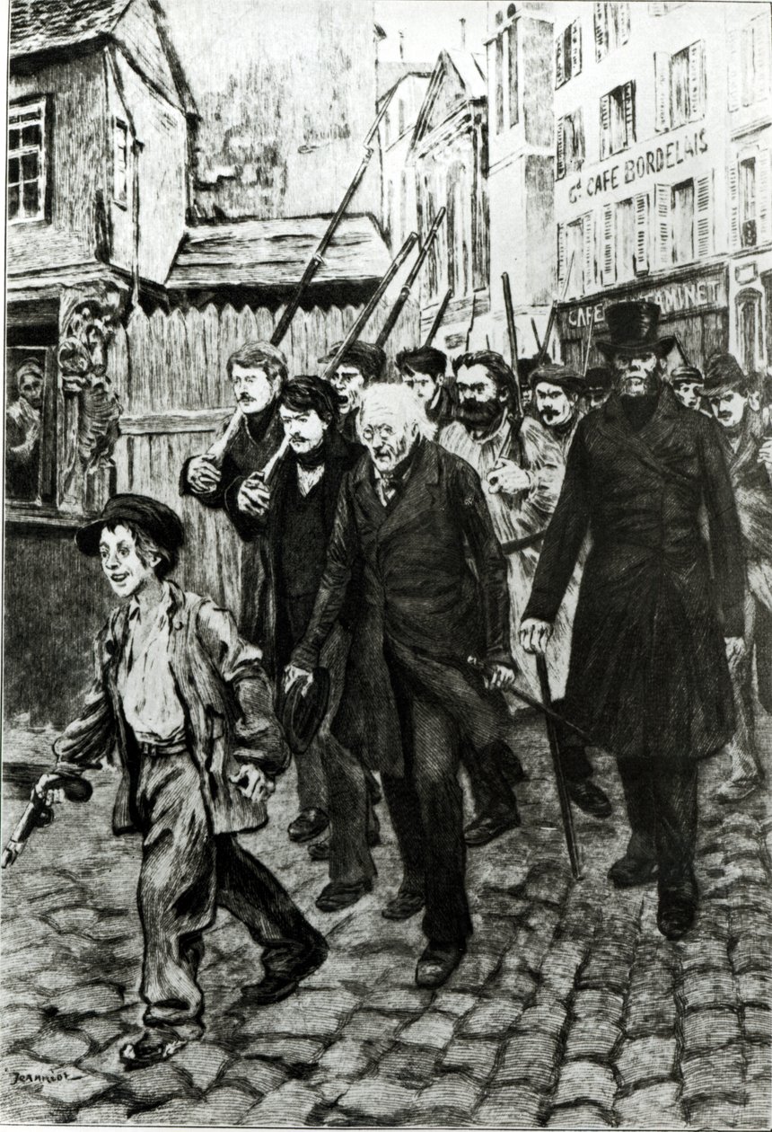 Gavroche johtaa mielenosoitusta, kuvitus Victor Hugon teoksesta "Les Miserables" tekijältä Pierre Georges Jeanniot