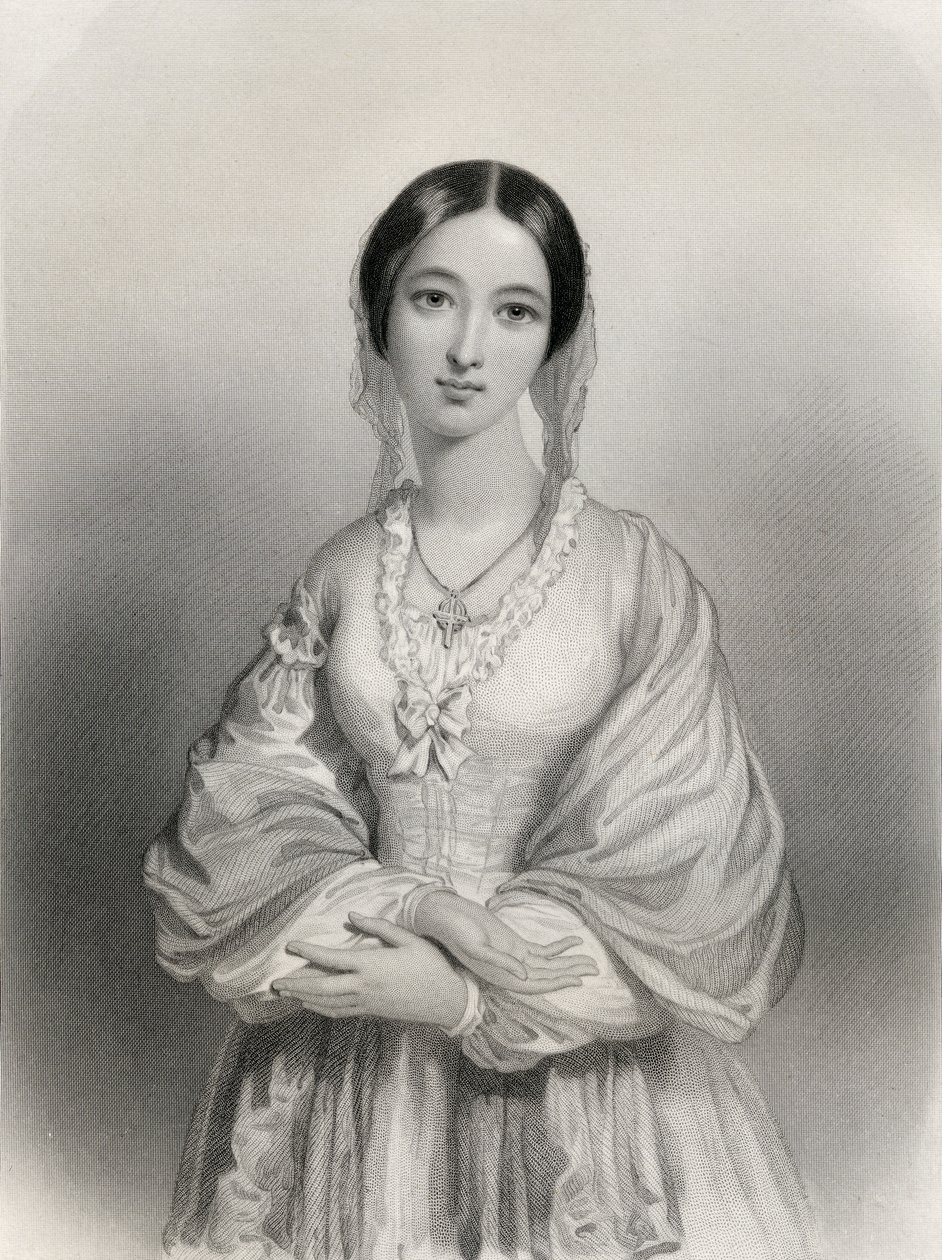 Florence Nightingale (1820-1910) kuvitus Mary Cowden Clarken teoksesta "Maailman tunnetut naiset", 1858 tekijältä Pierre Gustave Eugene Staal