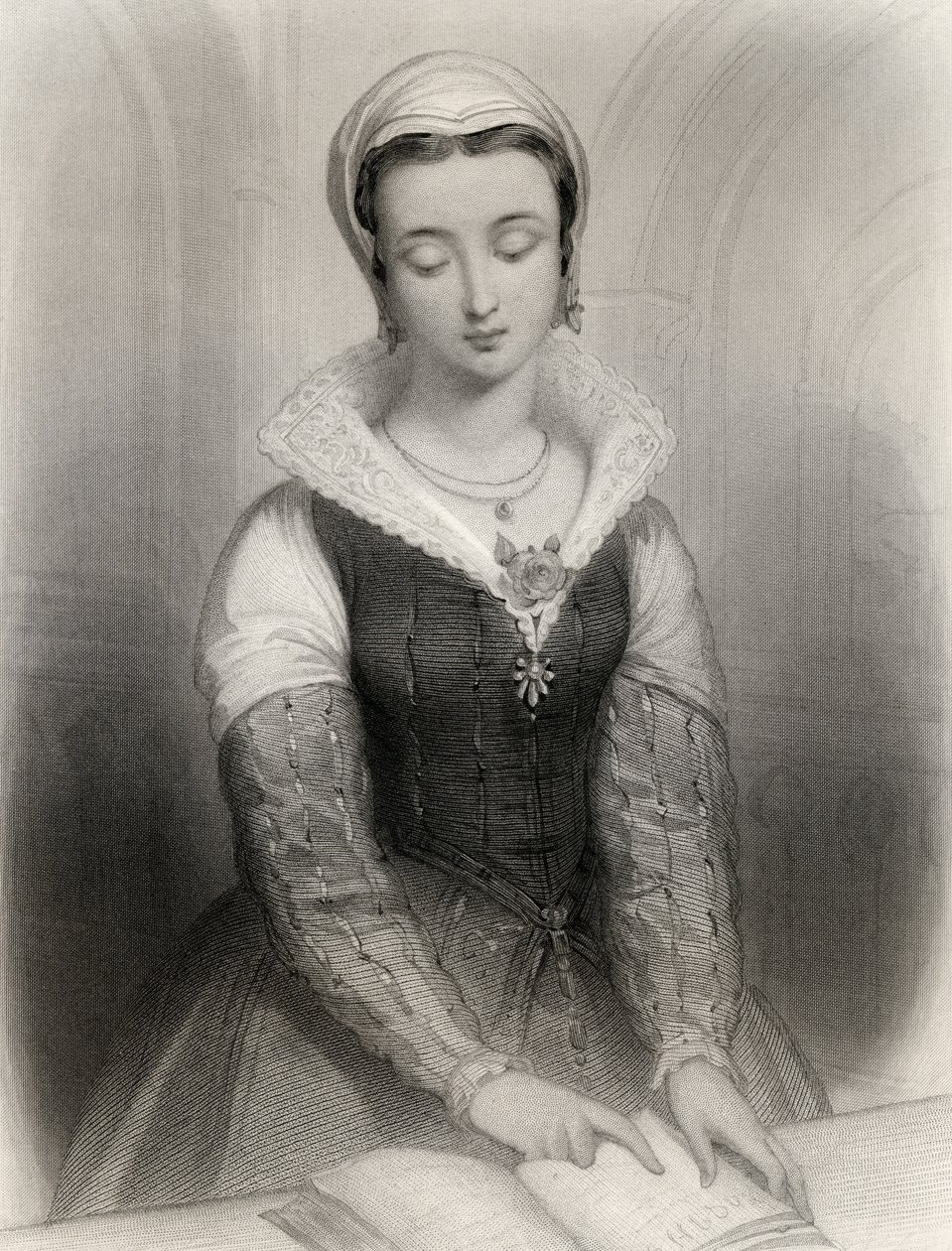 Lady Jane Grayn (1537-54) kuvitus Mary Cowden Clarken teoksesta "Maailman tunnetut naiset", 1858 tekijältä Pierre Gustave Eugene Staal