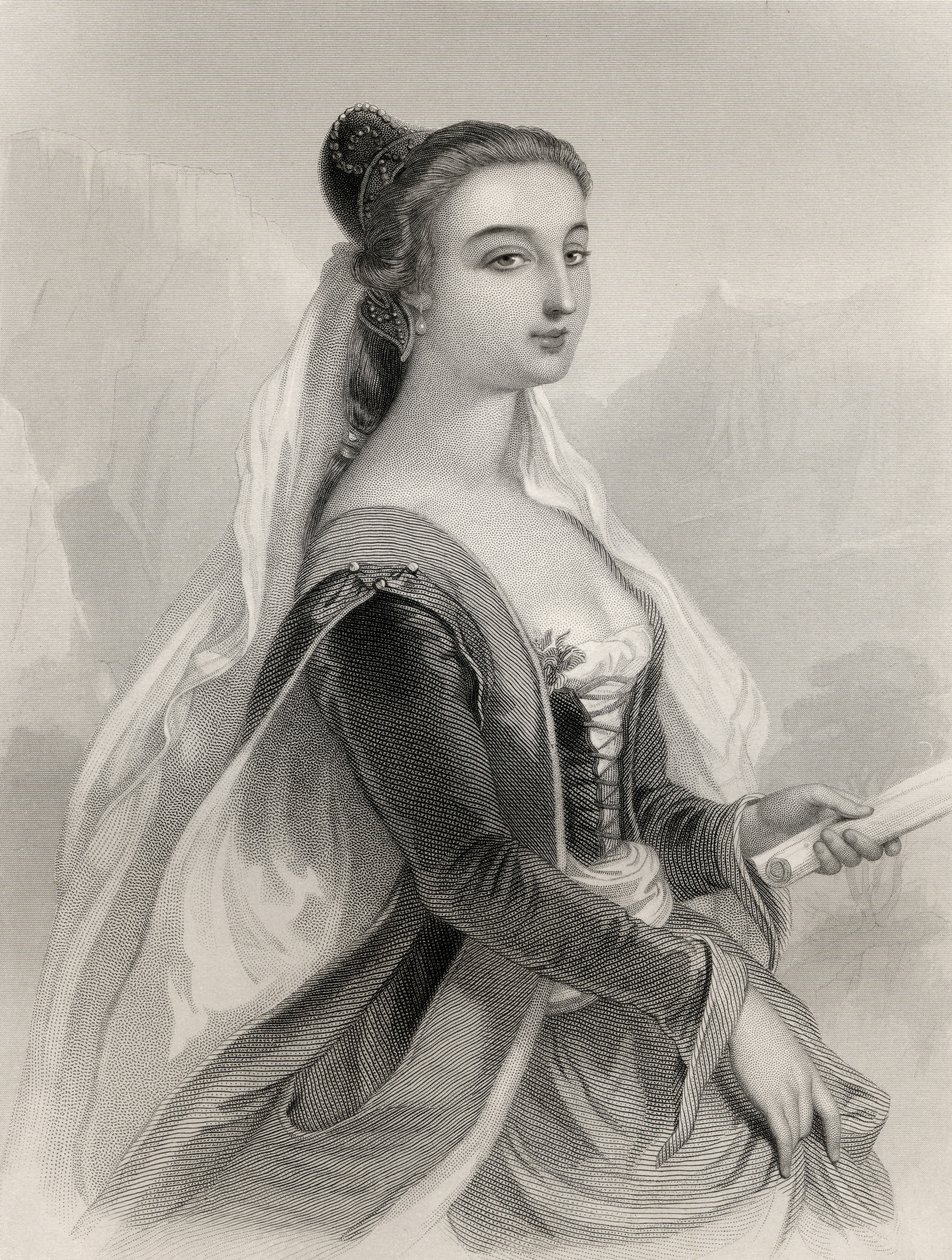 Laura de Noves (1308-48) kuvitus Mary Cowden Clarken teoksesta "Maailman tunnetut naiset", 1858 tekijältä Pierre Gustave Eugene Staal