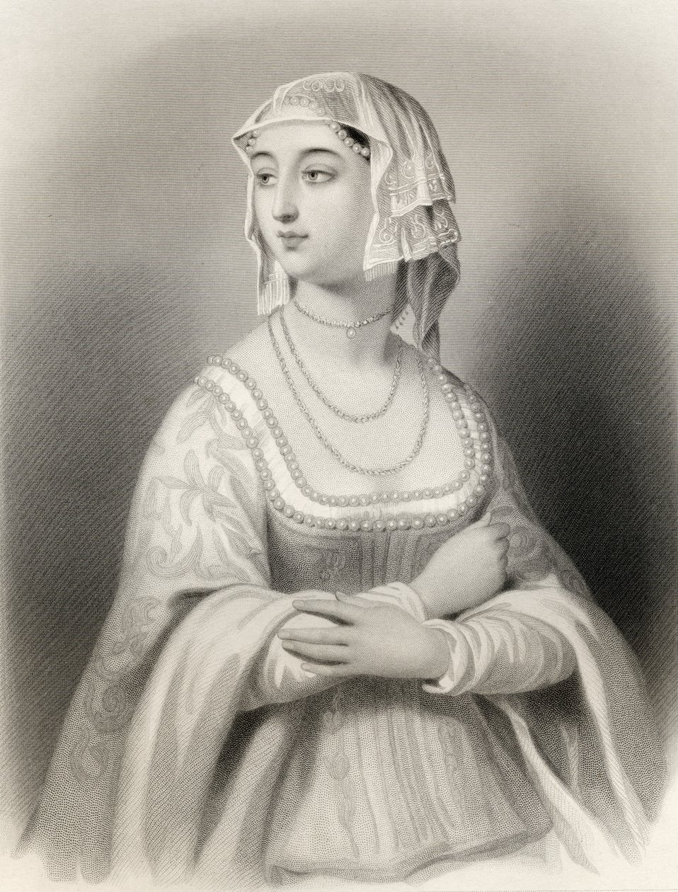 Margret Anjou (1429-82) kuvitus Mary Cowden Clarken teoksesta "Maailman huomioidut naiset", 1858 tekijältä Pierre Gustave Eugene Staal