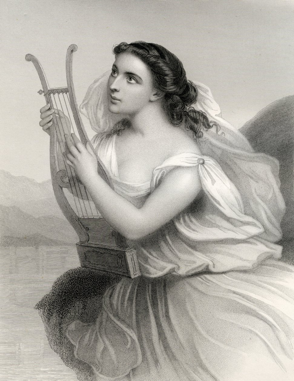Sappho, kuvitus Mary Cowden Clarken teoksesta "Maailman tunnetut naiset", 1858 tekijältä Pierre Gustave Eugene Staal