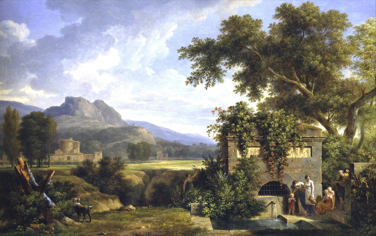Klassinen maisema, jossa hahmot juovat suihkulähteen tekijältä Pierre Henri de Valenciennes