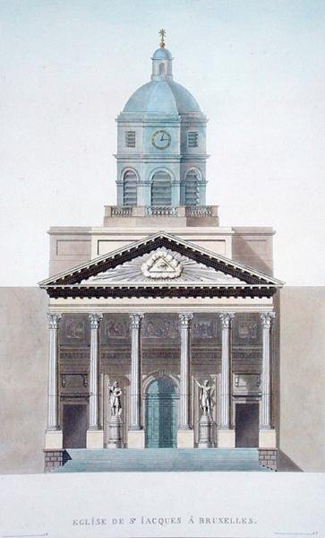 Pyhän Jacquesin kirkko, Bryssel, Pierre Jacques Goetghebuerin Alankomaiden kuningaskunnan merkittävimpien monumenttien, rakennusten ja talojen valinnasta, julkaistu 1827 (akvatinta) (katso myös 186059) tekijältä Pierre Jacques Goetghebuer