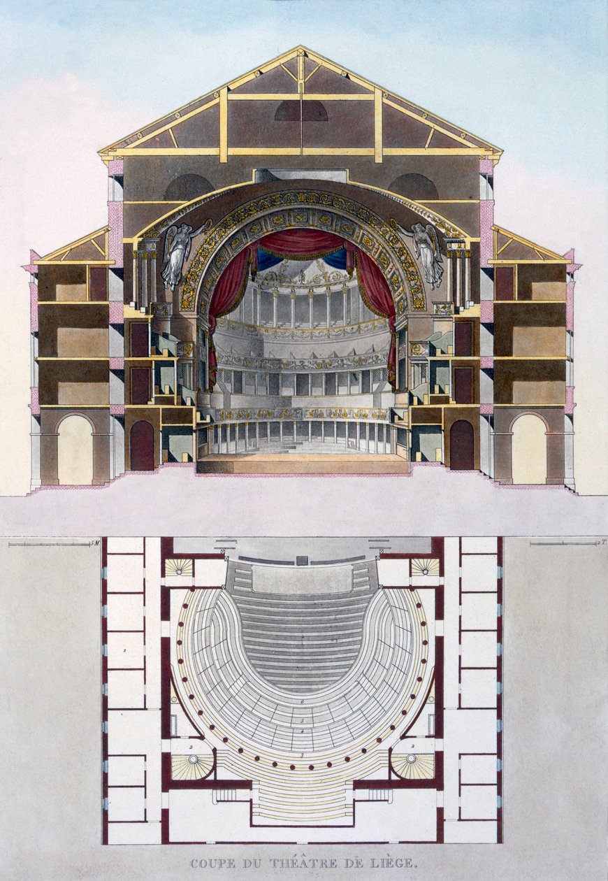 Belgian Liege-teatterin poikkileikkaus julkaisusta "Alankomaiden kuningaskunnan merkittävimpien monumenttien, rakennusten ja talojen valinta", julkaistu 1827 tekijältä Pierre Jacques Goetghebuer