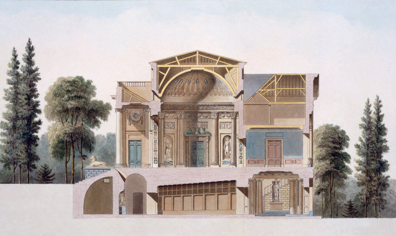 Laekenin maalaistalon poikkileikkaus, julkaisusta "Choix des Monuments, Edifices et Maisons les plus Remarquables du Royaume des Pays-Bas", julkaistu 1827. tekijältä Pierre Jacques Goetghebuer