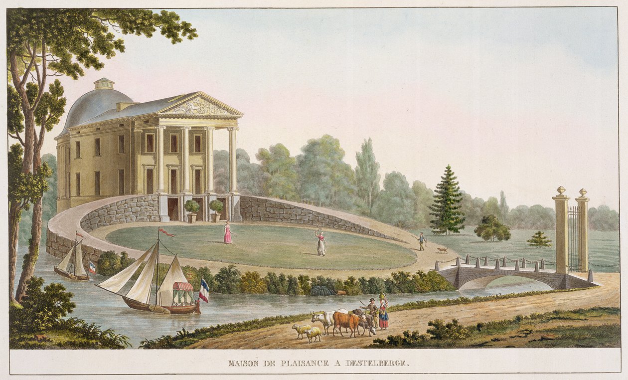 Maison de Plaisance at Destelberge, Pierre Jacques Goetghebuerin "Alankomaiden kuningaskunnan merkittävimpien monumenttien, rakennusten ja talojen valinta", julkaistu 1827 (akvatinta) tekijältä Pierre Jacques Goetghebuer
