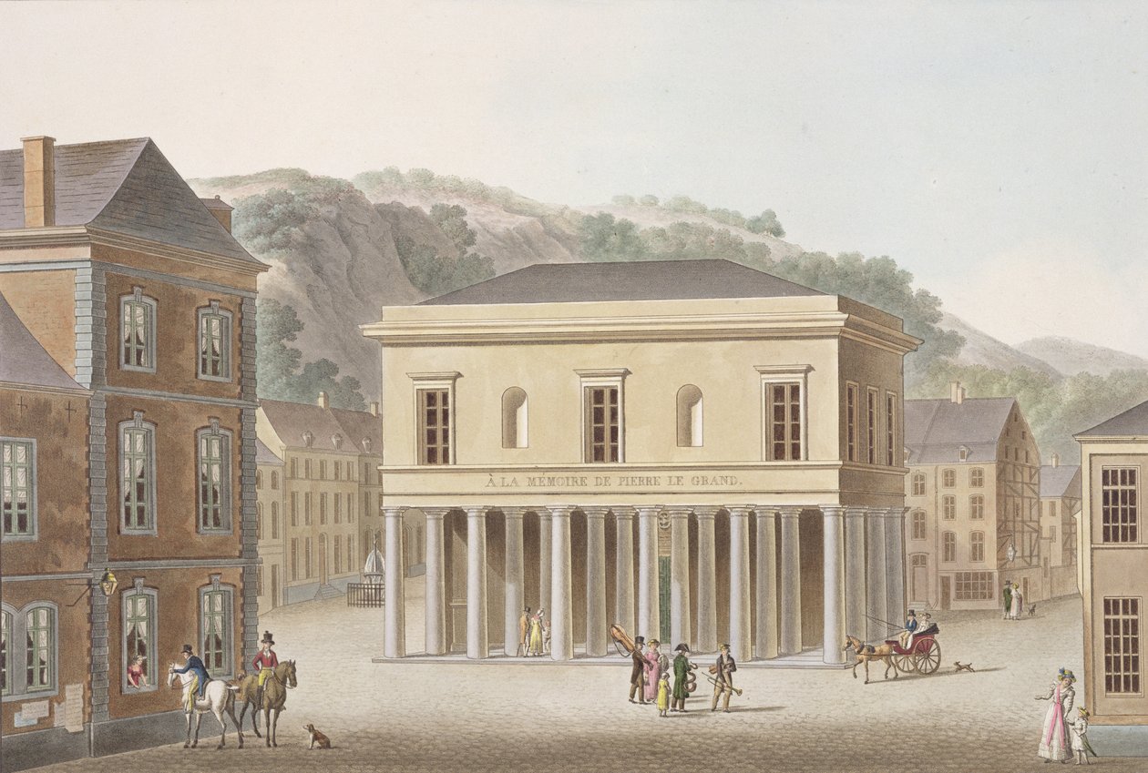 Portico Pouhonin suihkulähteestä Spassa, Pierre Jacques Goetghebuerin teoksesta "Alankomaiden kuningaskunnan merkittävimpien monumenttien, rakennusten ja talojen valinta", julkaistu 1827 (akvatinta) tekijältä Pierre Jacques Goetghebuer