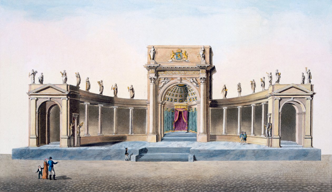 Brysselin teatteri, joka pystytettiin kuninkaan vihkiäisiä varten vuonna 1815, "Alankomaiden kuningaskunnan merkittävimpien monumenttien, rakennusten ja talojen valinta", julkaistu 1827 tekijältä Pierre Jacques Goetghebuer
