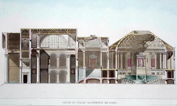 Poikkileikkaus Gentin Palais Academiquesta Pierre Jacques Goetghebuerin Alankomaiden kuningaskunnan merkittävimpien monumenttien, rakennusten ja talojen valikoimasta, kaiverrus L. Roelandt, pubi tekijältä Pierre Jacques after Goetghebuer