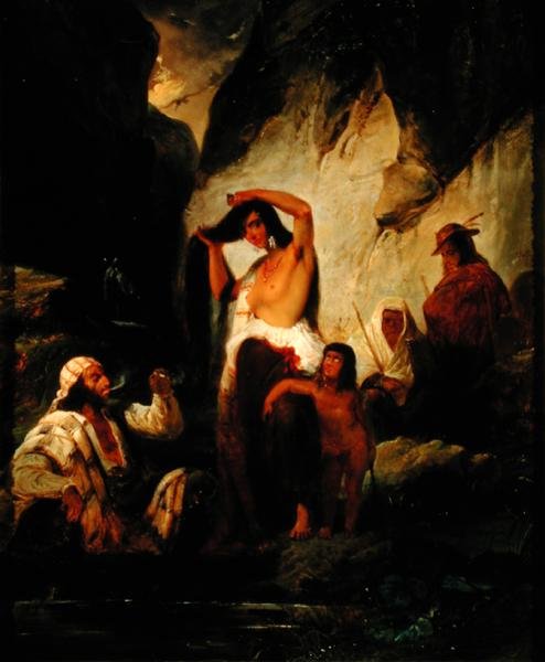 Mustalaisten pysähtyminen Rondan vuoristossa, 1832 tekijältä Pierre Jules Jollivet