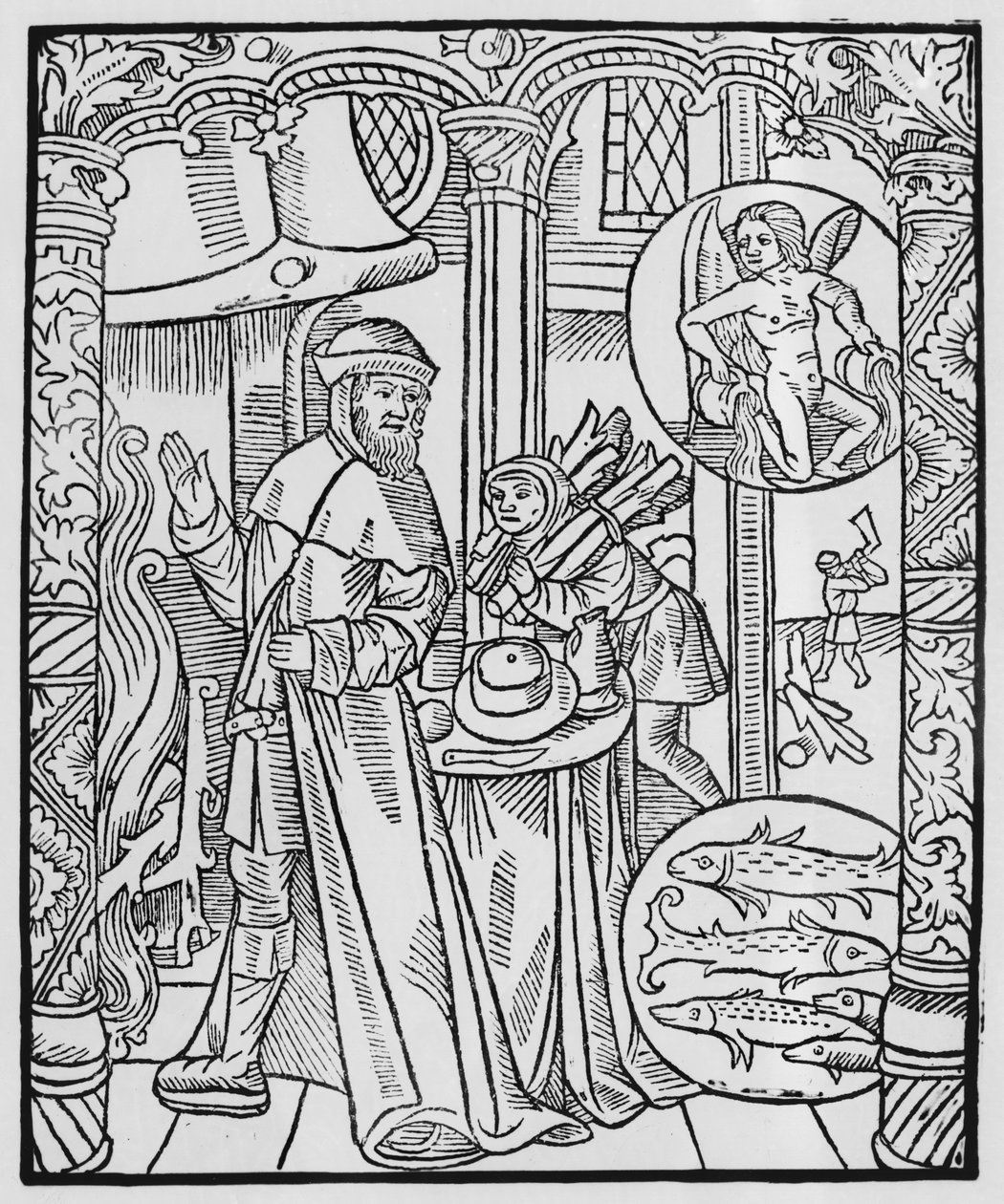 Helmikuu, sisätila, Vesimies, kuvitus "Almanach des Bergersistä", 1491 (ksylografi) tekijältä Pierre Le Rouge