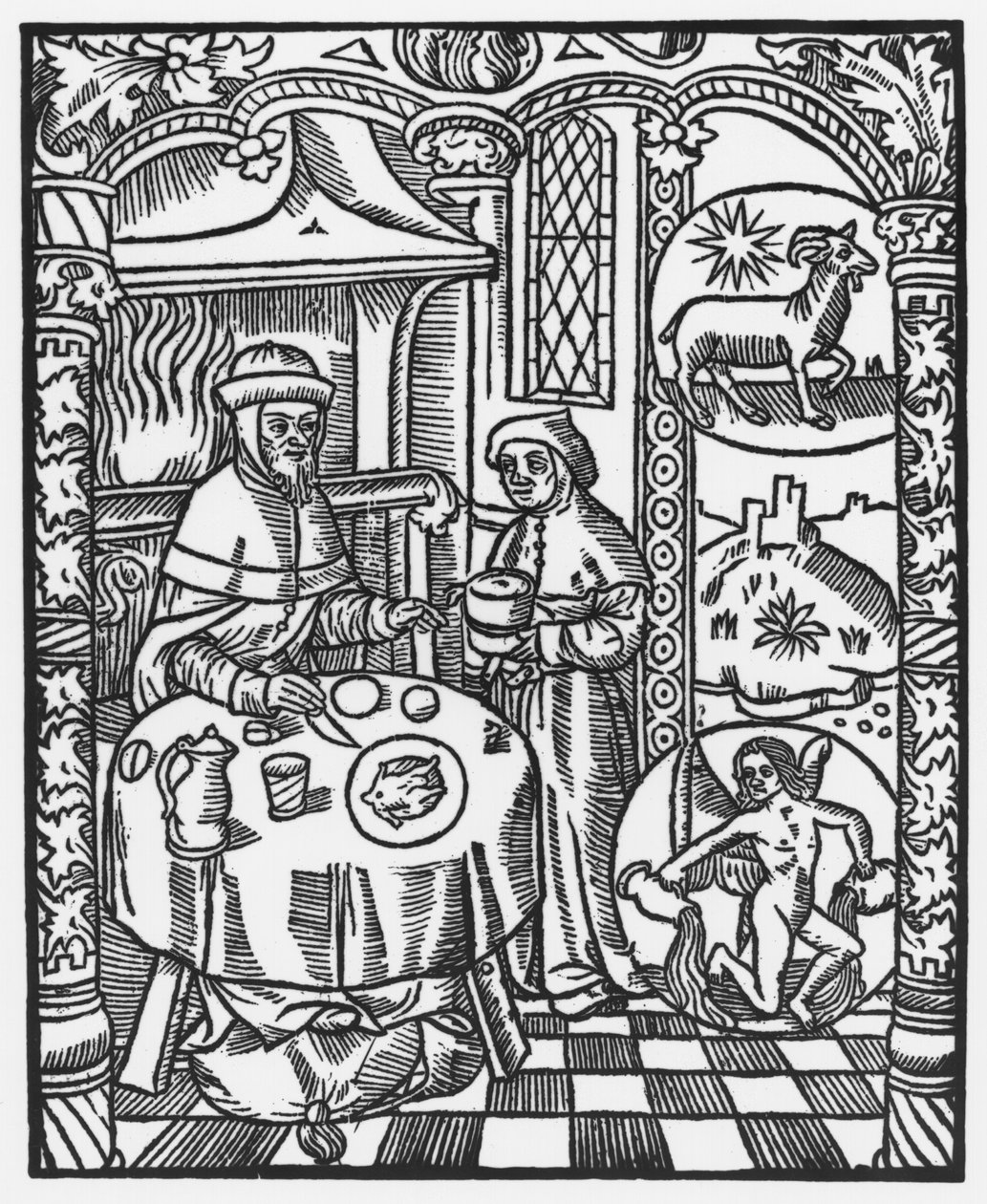 tammikuuta, "Almanach des Bergers", 1491 (ksylografi) tekijältä Pierre Le Rouge
